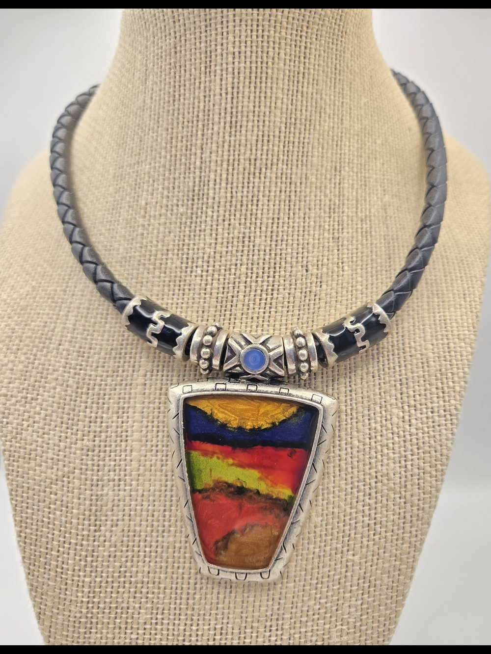 Vintage Chico's Multicolor Pendant Black Braided Cord Silver-tone Bead Accents